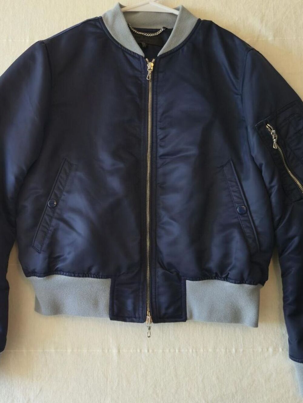 rag & bone MANSTON Navy BLUE Bomber Jacket Gray Ribbed Trim Zip Pocket Small
